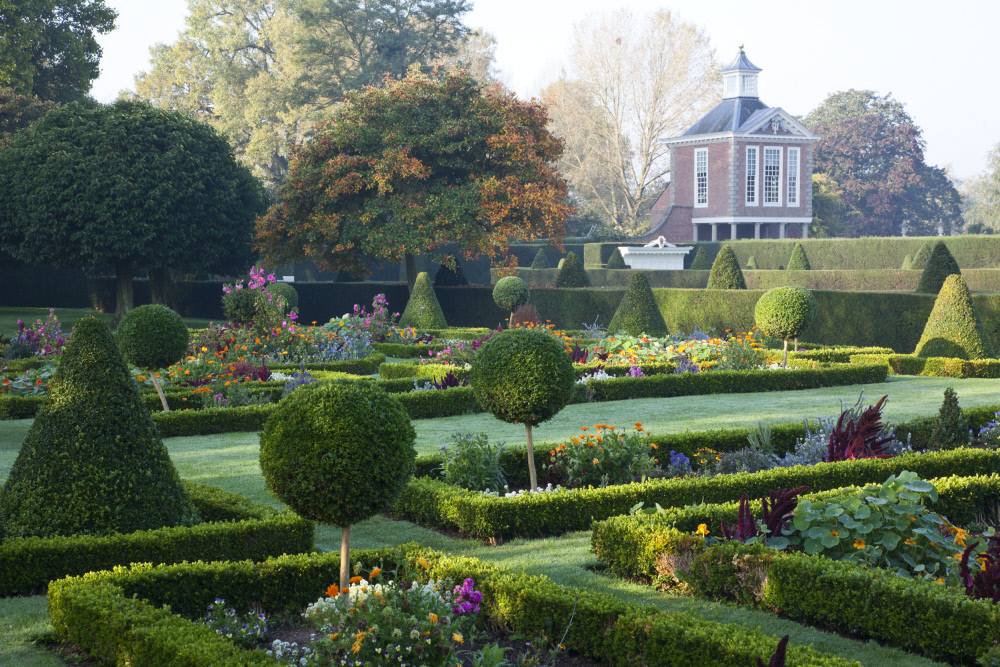 View of the Parterre at Westbury Court Garden, Gloucestershire, in September, with the Tall Pavilion (built in 1702-3) seen in the background.