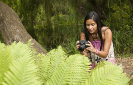 Woman taking a photograph of plants in University Botanic Garden, Cambridge