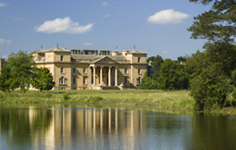 The south front of the house seen across the lake at Croome Park, Croome D'Abitot, Worcestershire. Capability Brown remodelled the exterior facades of the house in Classical Palladian style, and added wings to the east and west in 1752.