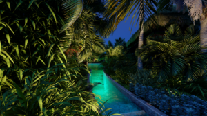 in-lite verlichting op het tropische Kontiki Beach Resort Curaçao. Geen project te groot voor de specialisten van in-lite en hun buitenverlichting.