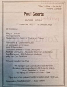 Paul Geerts overlijdensbericht