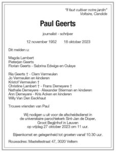 Paul Geerts overlijdensbericht
